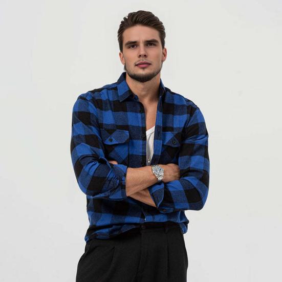 Men Casual Shirt Lapel Long Sleeve Plaid Print Shirt Tops Single Breasted Loose Fit Flap Pockets Shirt Tops