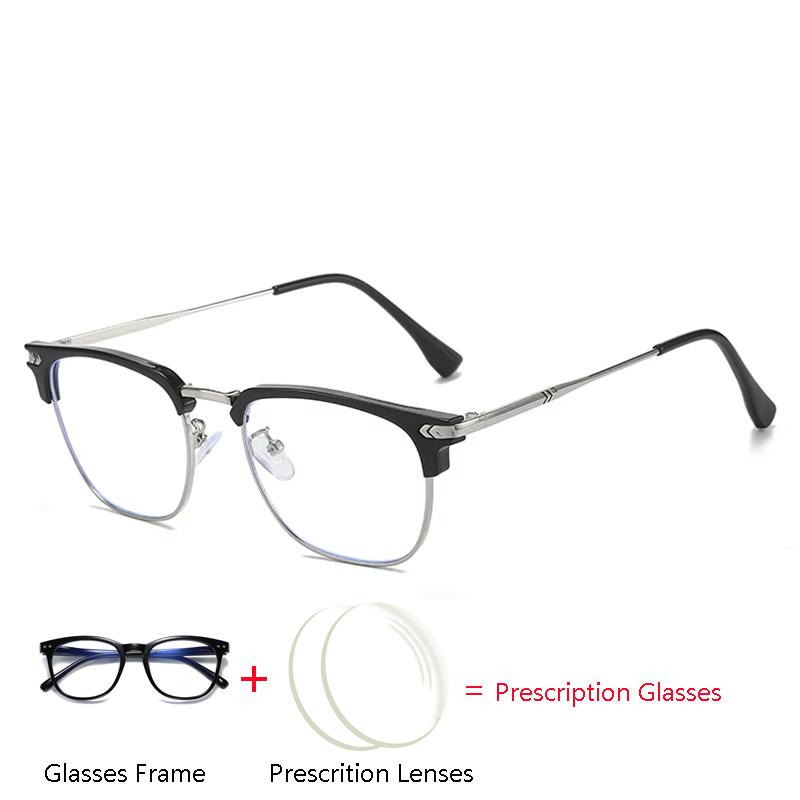 Black SIlver Frame Square Prescription Glasses Anti Blue Light/Photochromic/ Myopia/Hyperopia/Progressive/Optical Eyeglasses