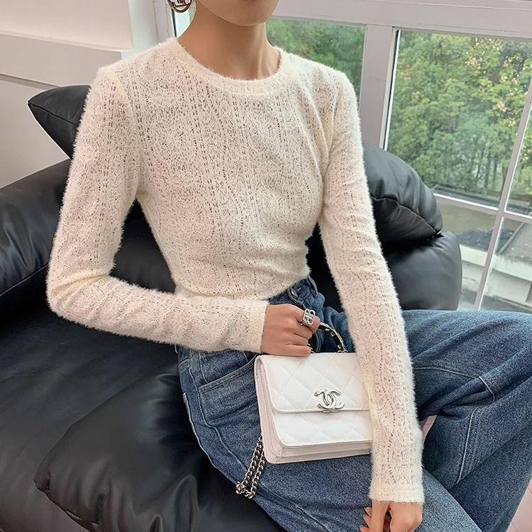 Apricot Long Sleeve Lace Knitwear Women's Autumn Winter Fashion Slim Fit Base Layer Top