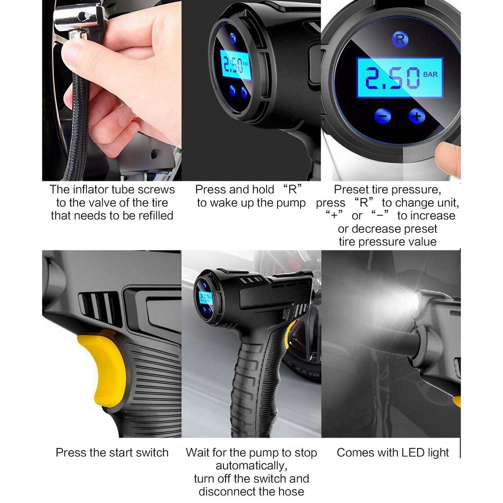 Portable Handheld Car Tire Inflator Wireless USB Rechargeable LED Display Screen Pressure Monitor Automatic Inflation