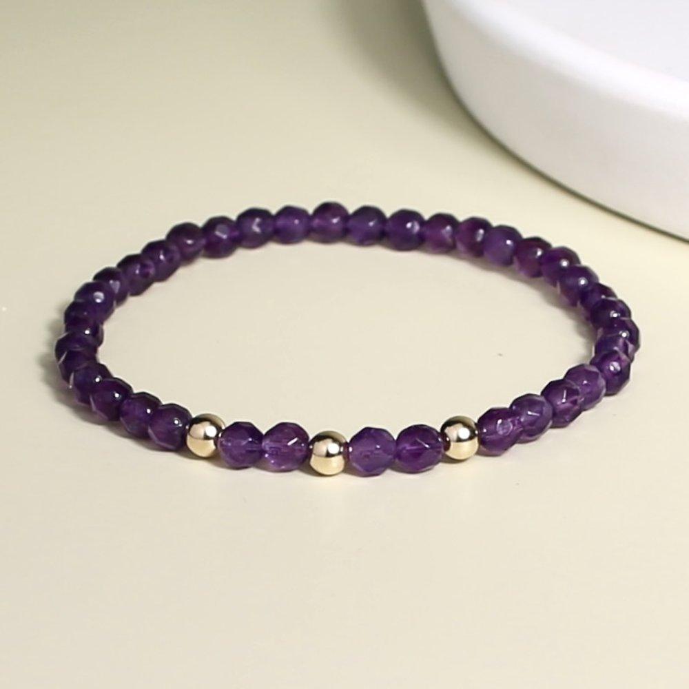 14K Amethyst Natural Gemstone Bracelet with Triple Gold Ball