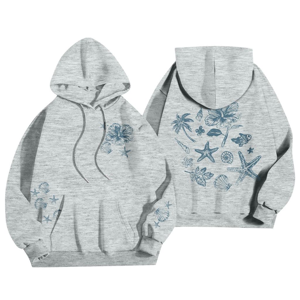 Damenmode Damen Leichter Langarmpullover mit Taschen Preppy Graphic Hoodie