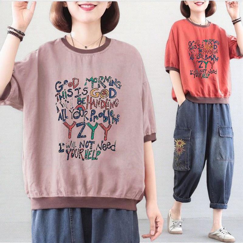 Women's Short Sleeve Shirt Japan Style Vintage Linen Tree Printed T Shirt Chic Women Blouse Loose