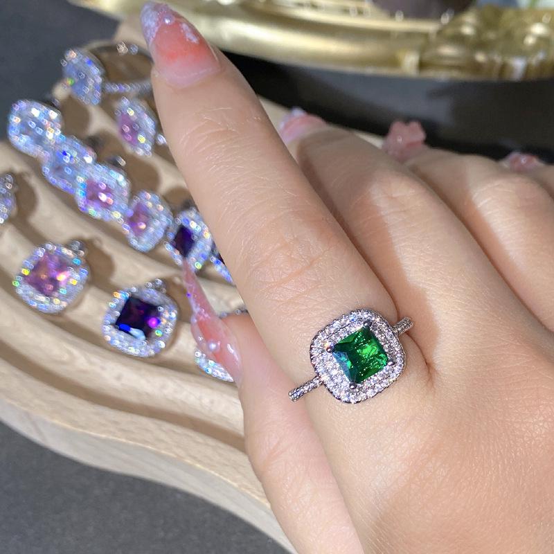 Purple & Pink Gemstone Jewelry Set: Grape Stud Earrings and Asscher Cut Adjustable Ring