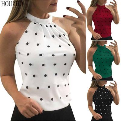 HOUZHOU Summer Vest Women Sleeveless Korean Casual Slim Shirt Polka Dot Print Hanging Neck Oversized Tops