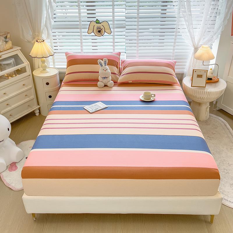 3pcs Grey Striped Cotton Fitted Sheet, Set Adult Kid Teen Bedroom Thickened Bedding with 2 Pillowcases, Geometric Line Bed Cover