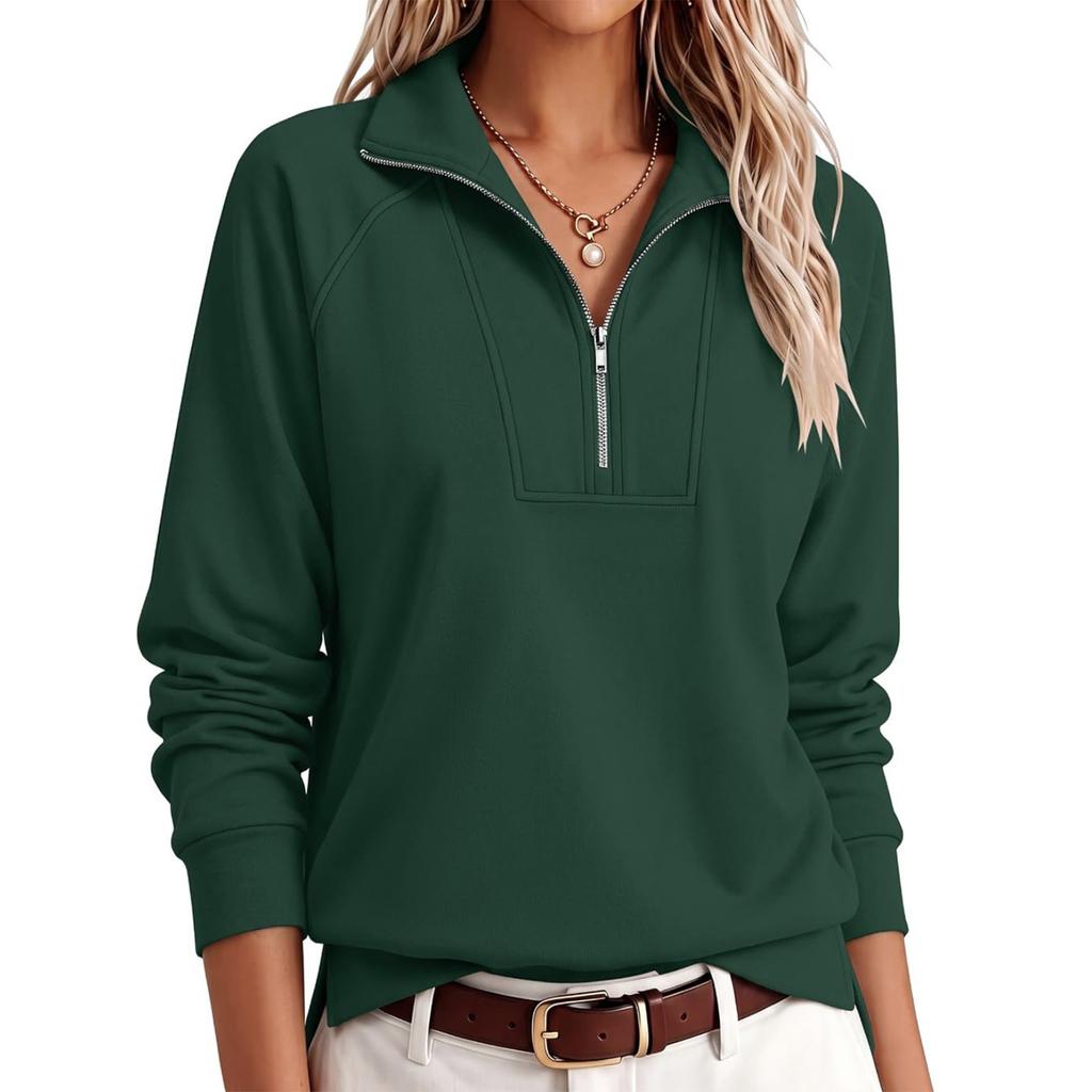 Women's Half Zip Sweatshirt Color Collared Long Sleeve Raglan Sleeve Loose Fit Casual Top for Everyday Wear