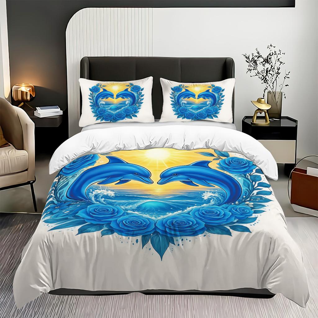 3 Romantic Blue Jumping Dolphin Print Duvet Covers Set 1 Down Duvet Cover+2 Pillowcases Coreless. Soft And Comfortable