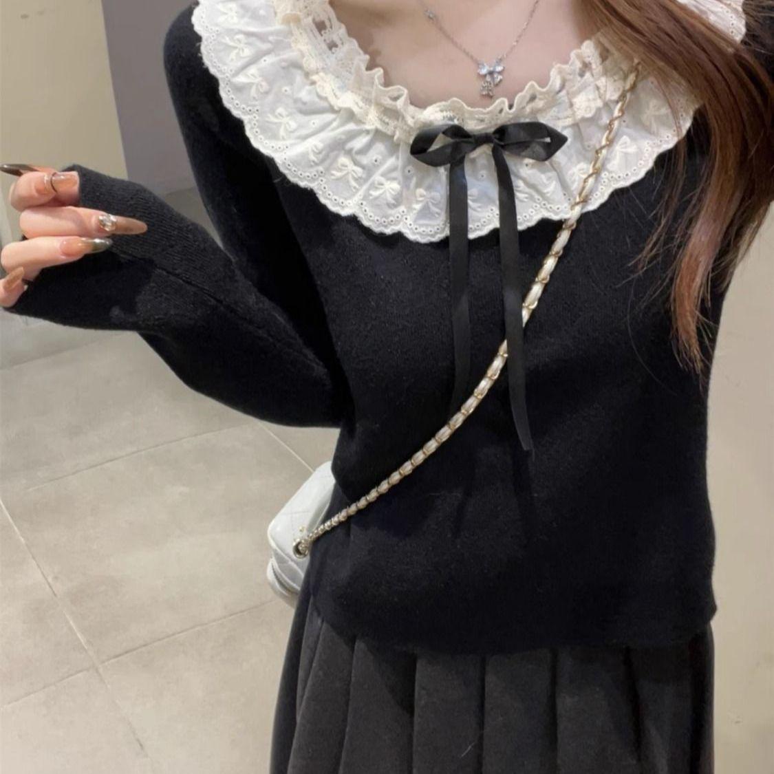 De Róng Women s Autumn/Winter Thickened Doll Collar Knitwear with Lace Bowknot - Slimming, Warm Design. L чёрный