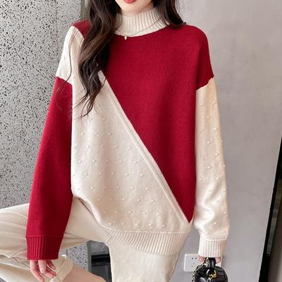 AutumnWinter Fashion Style Women  Color Blocking Half High Neck Loose and Versatile Casual Women's Sweaters