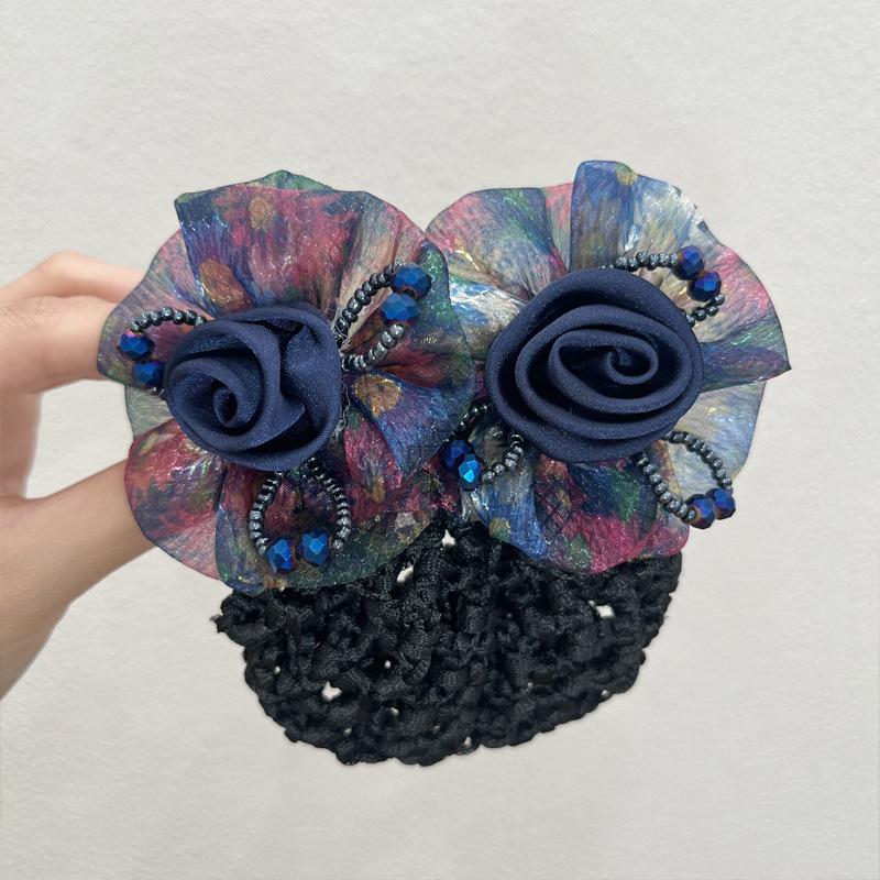 Women Hair Bun Cover Net Snood Hairnet Bow Barrette French Hair Clip Bow Ribbon Flower Hair Accessories For Banks Hotels Staff