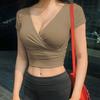 Summer Cross V-Neck Short Sleeve Crop Tops Women's Solid Color Sexy Slim Fit T-Shirt Outcrop Casual Simple Streetwear Women's Casual Top Clothing