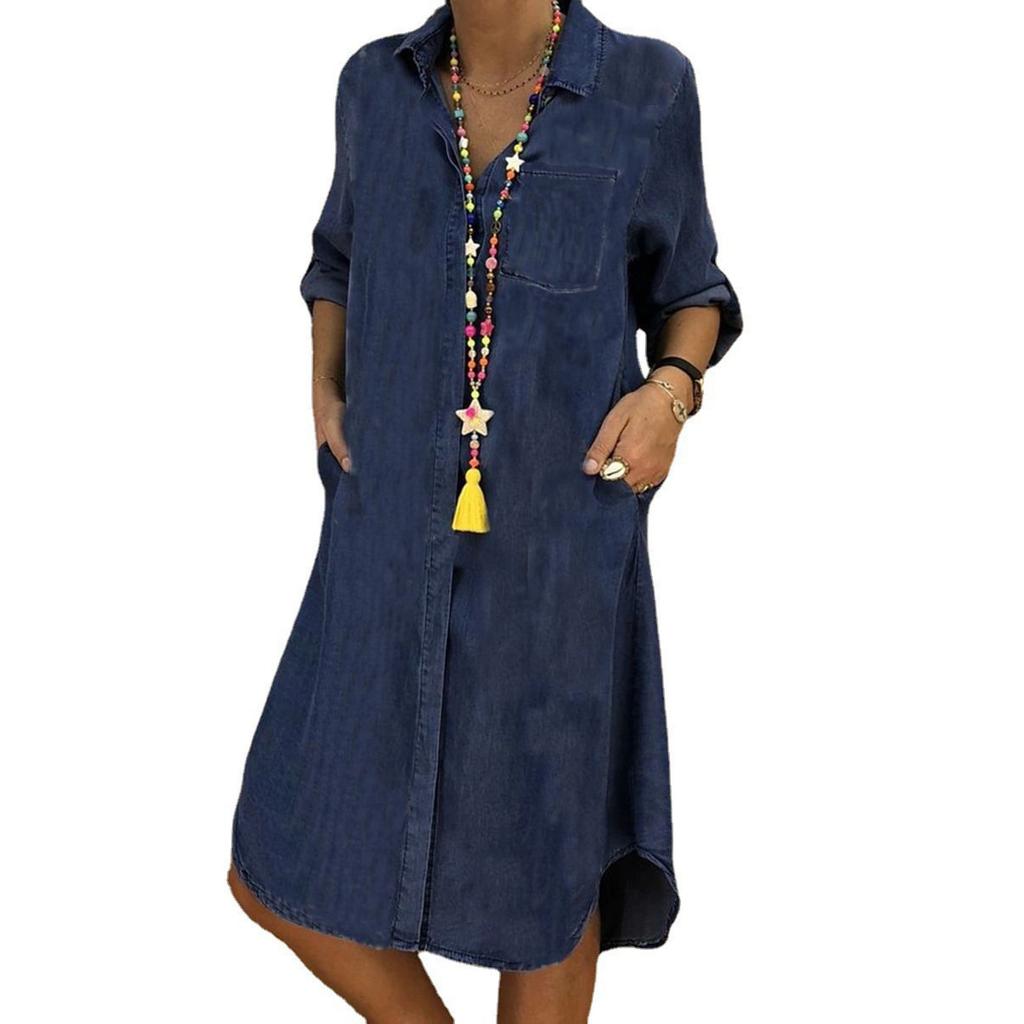Women's Fashion Casual Color Lapel Single-Breasted Panel Straight Long Sleeve Loose Pocket Cotton Shirt Dress