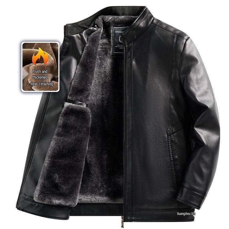 Men's Thickened Leather Jacket with Fleece Lining for Winter Cycling and Cold Protection, Ideal for Middle-Aged and Elderly.