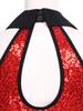 Damen Glitzernder Pailletten Farbblock Body Netz-Taille Feder Saum Ärmelloser Cutout Leotard