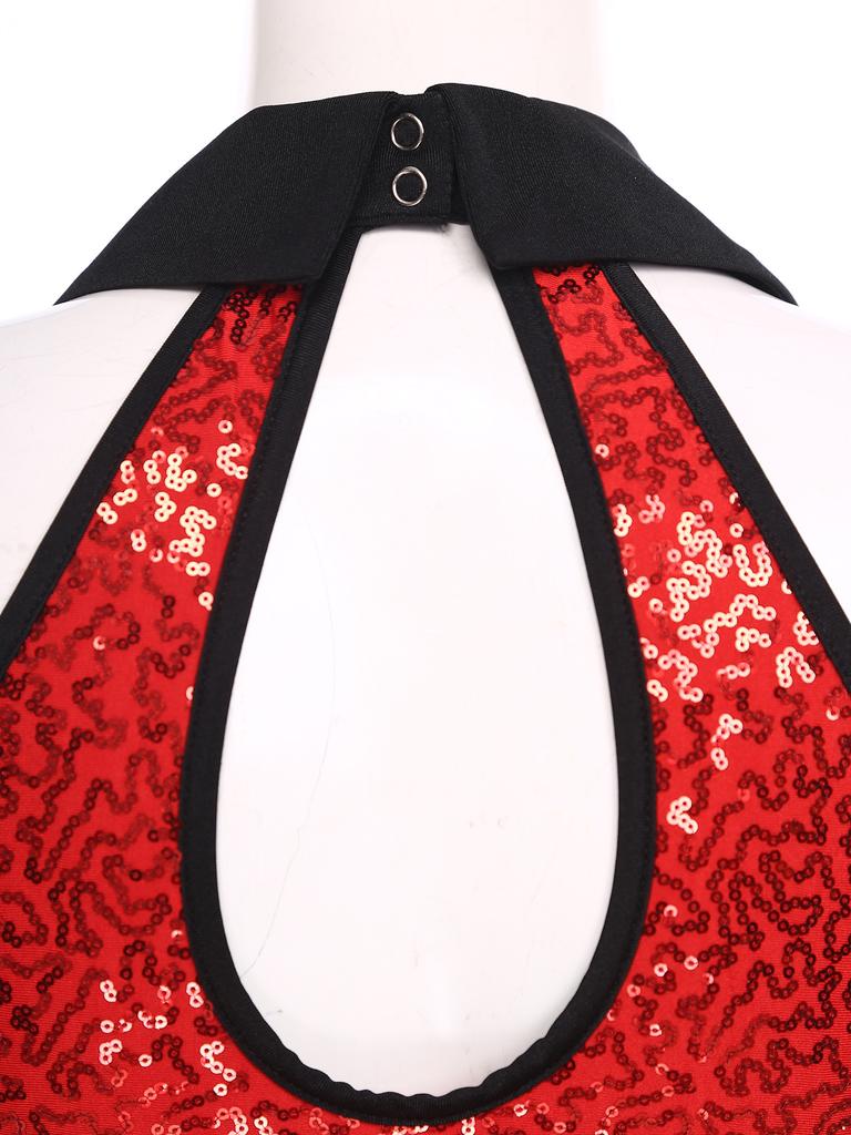 Damen Glitzernder Pailletten Farbblock Body Netz-Taille Feder Saum Ärmelloser Cutout Leotard