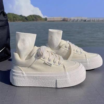 Canvas New Spring and Summer Retro White Shoes Hong Kong Style Canvas Shoes Women's Korean Fashion Ins Casual Platform Height Increasing Shoes