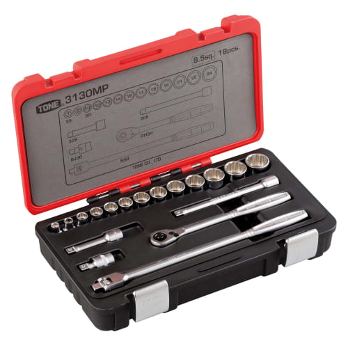 TONE 3130MP Socket Wrench Set, 9.5mm (3/8") Drive, Red, Includes 18 Pieces