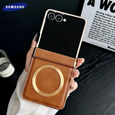 Luxury Plating Leather for Magsafe Case for Samsung Galaxy Z Flip 7 6 5 4 3 Flip7 Wireless Charging Hinge Protect Magnetic Cover