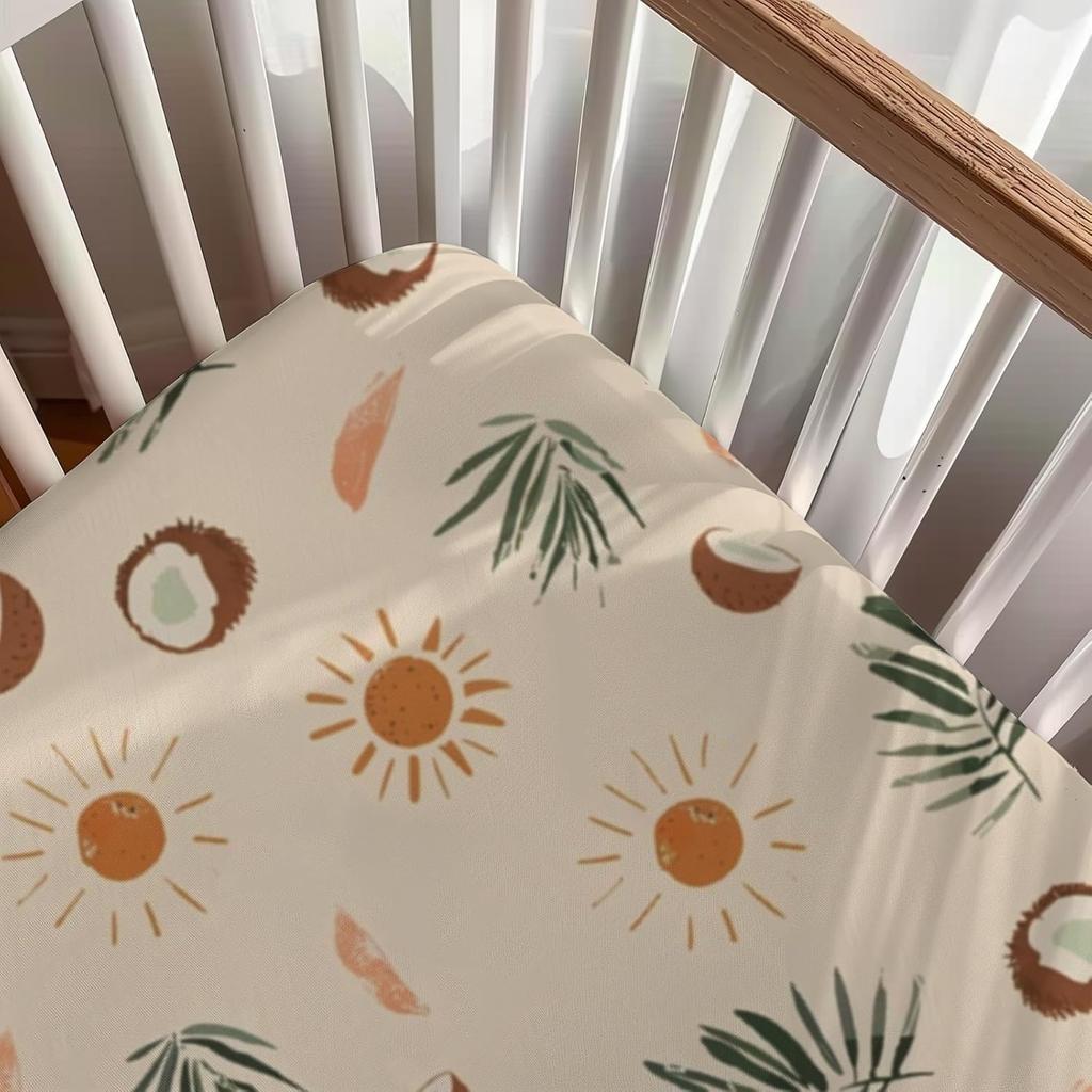 Summer Palm Coconut Sun Leaves Pattern Baby Sheets for Crib, Unisex Summer Theme Nursery Fitted Bed Sheet for Boys Girls Standard Crib and Toddler