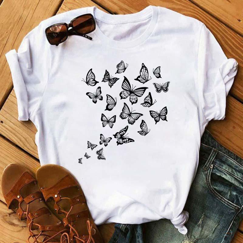 Summer Butterfly Print Plus Size Loose Round Neck Pure Cotton Short Sleeved Top T-Shirts Women’s Tees