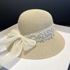 Summer elegant straw woven pearl mesh sunshade straw hat female bow French sunscreen hat seaside bucket hat basin hat