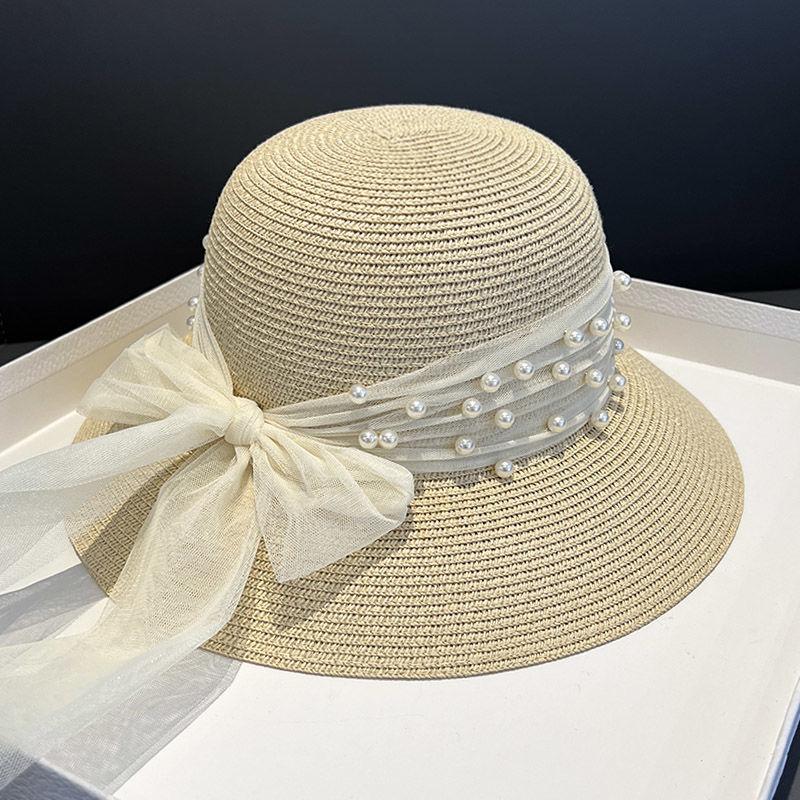 Summer elegant straw woven pearl mesh sunshade straw hat female bow French sunscreen hat seaside bucket hat basin hat