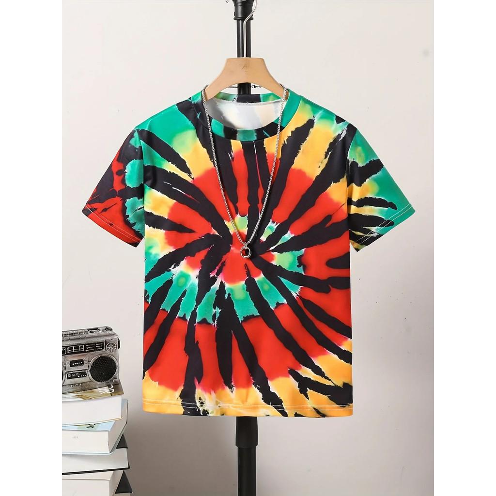 3D Tie-Dye Rainbow Print Kids' T-shirt Summer Fashion Casual Crew Neck Short-Sleeve Top for Boys & Girls