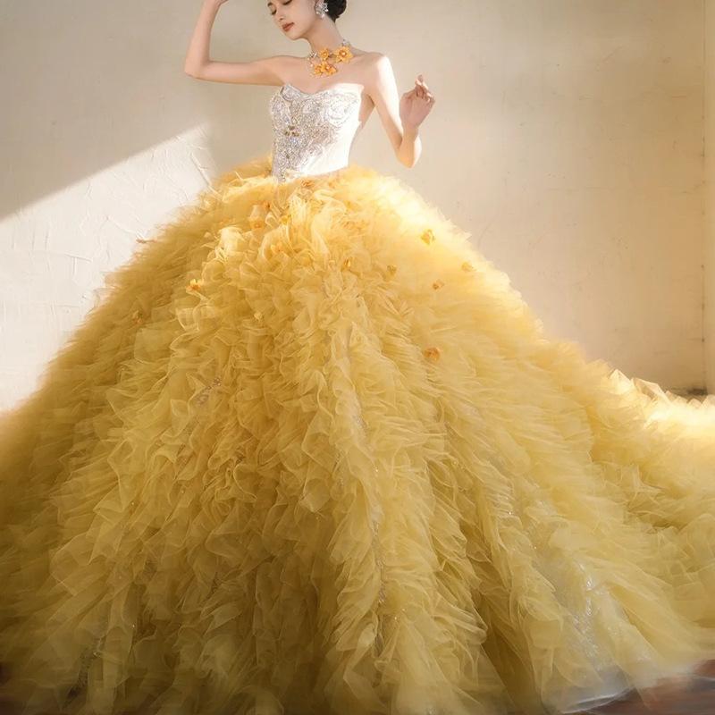 New Yellow Tube Top Fluffy Cake Skirt Lawn Trailing High-end Wedding Photo Dress