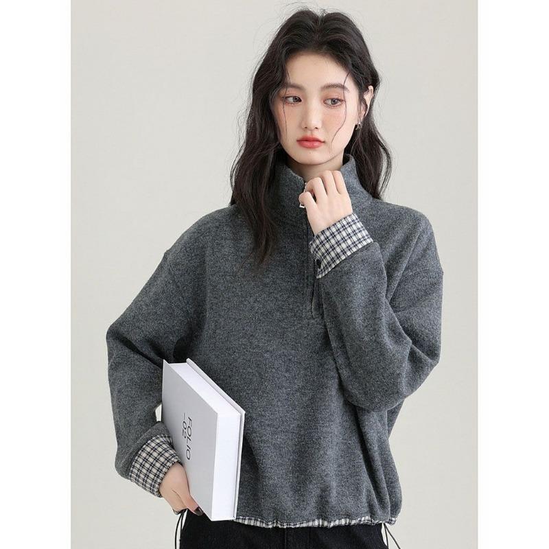 Stand-up Collar Velvet Half-zip Sweatshirt for Women Autumn and Winter New Thickened Warm Plaid Splicing Top