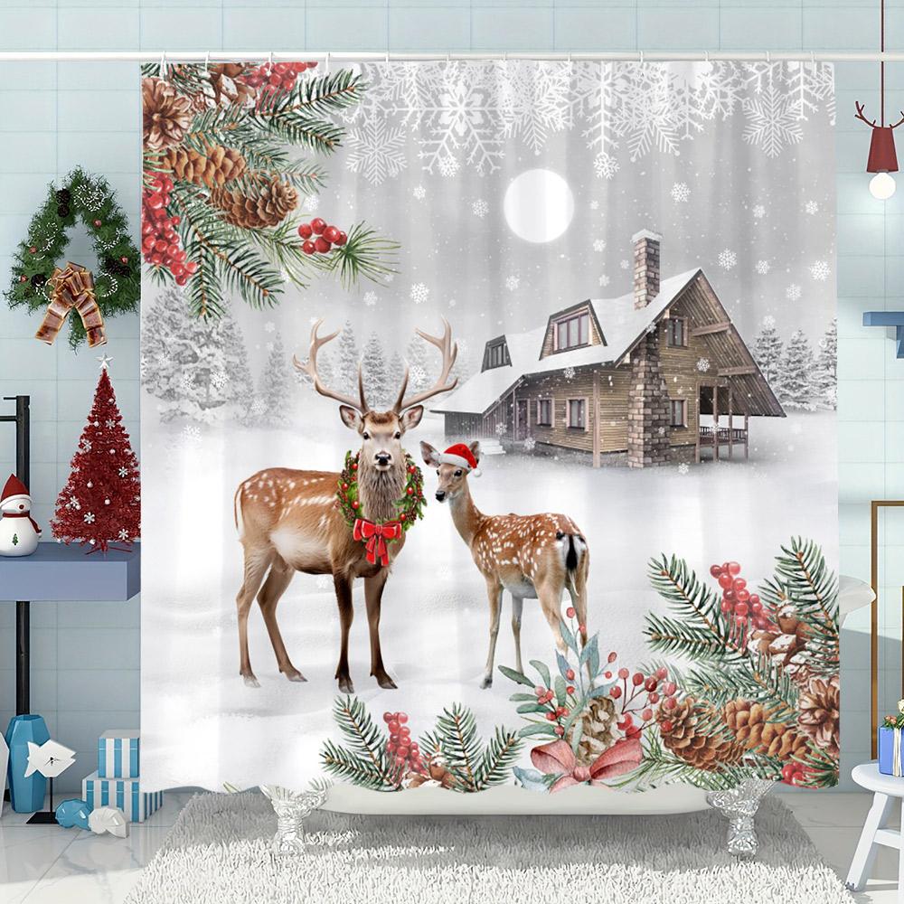 Funny Christmas Bathtub Cat Print Shower Curtain Moose Snowman Christmas Decor Polyester Fabric Shower Curtains Bathroom Decor