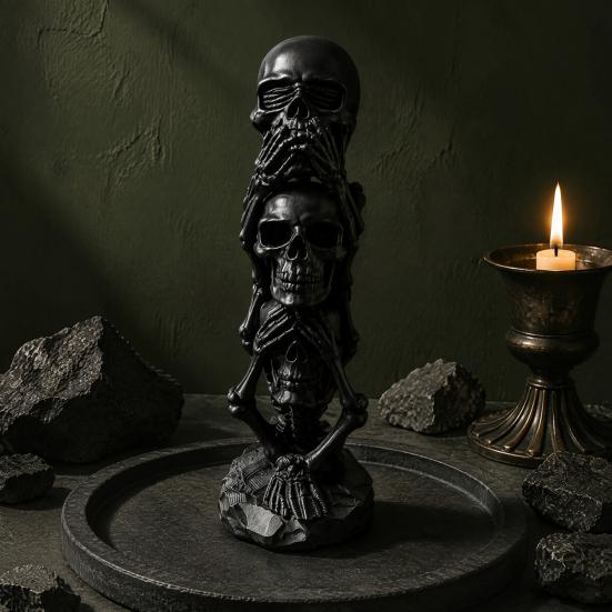 Creative Resin Crafts 3D Printed Triple Skull Statue, Halloween Horror Hear No Evil See Office Desk Accessories Speak Figurine, Decor for
