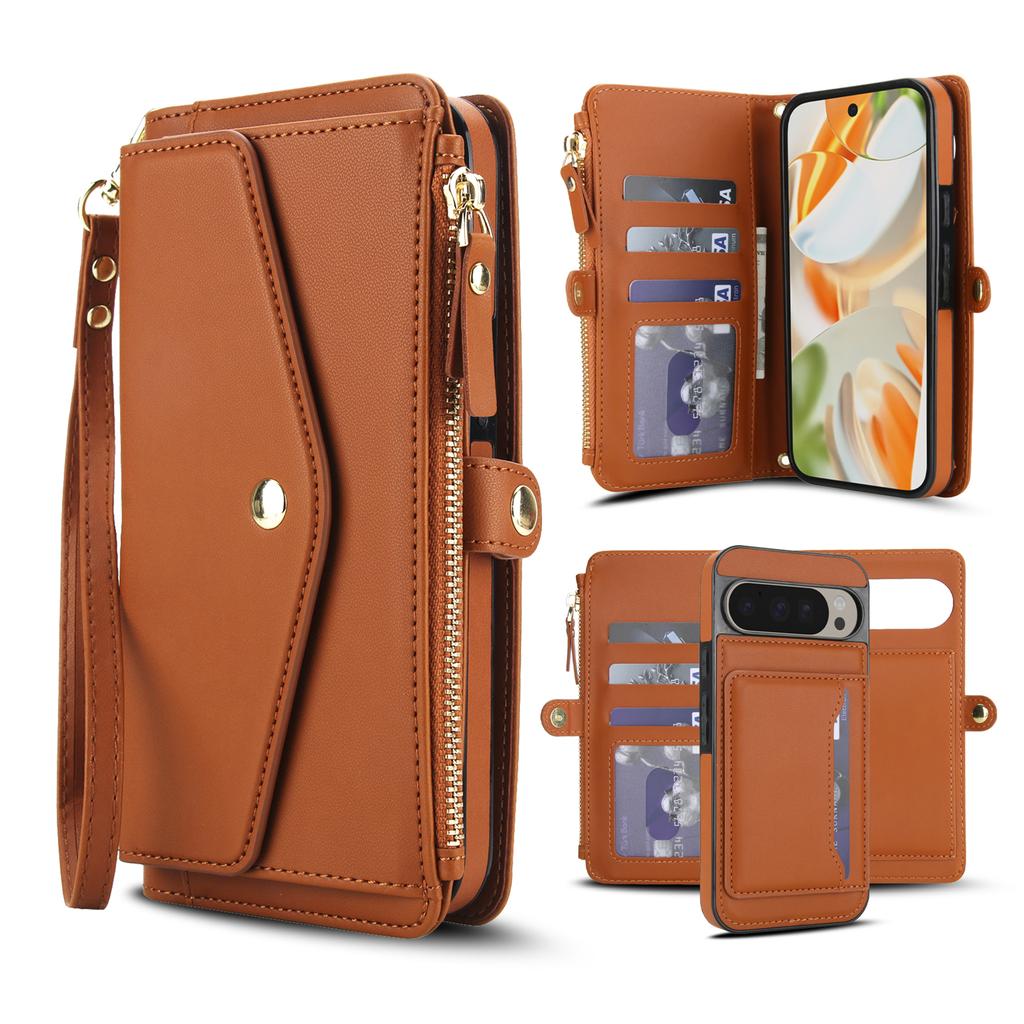 For Google Pixel 9 Pro XL Wallet Case Magnetic Detachable PU Leather Phone Cover with 2 Straps