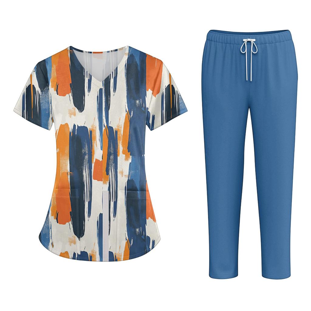 Plus SizePrinted Scrub Working Uniform Tops para mulheres Cross V-neck Halloween Print manga curta camisetas divertidas Workwear Tee com bolsos