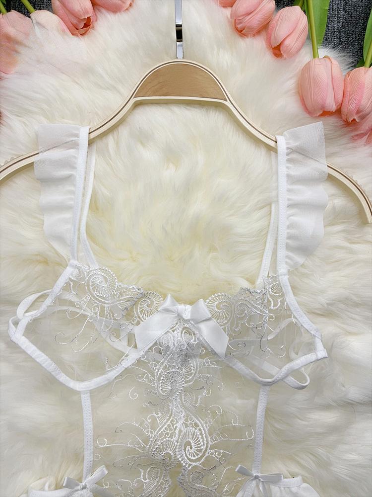 2024 Sheer Bow Lace Sexy Jumpsuits Women Hollow Out Porno Lingerie Romper Female Open Crotch Fashion Strap Transparent Playsuits