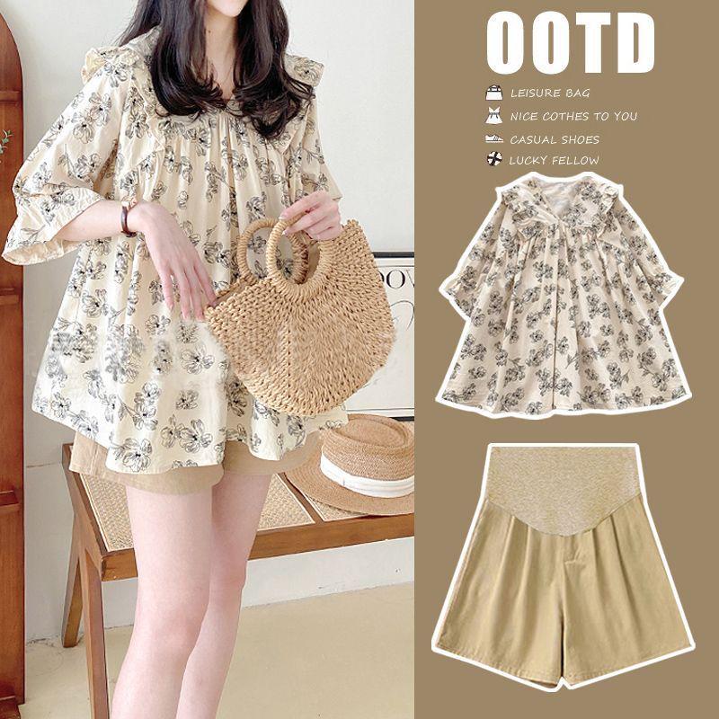 

Maternity Stylish Two-Piece Set: Belly-Covering Doll Shirt & Support Shorts M [40-55kg]