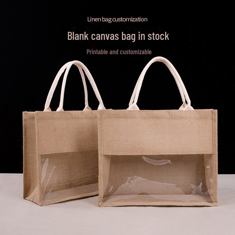 

In Stock: Large Capacity Jute Shopping Bag with Transparent Film Splice