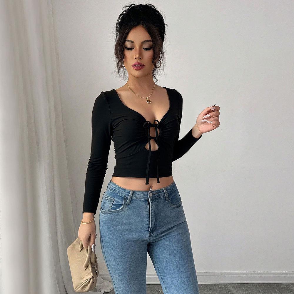 European and American tops, black big chicken heart collar, chest hollow, sexy solid color long-sleeved women's T-shirt