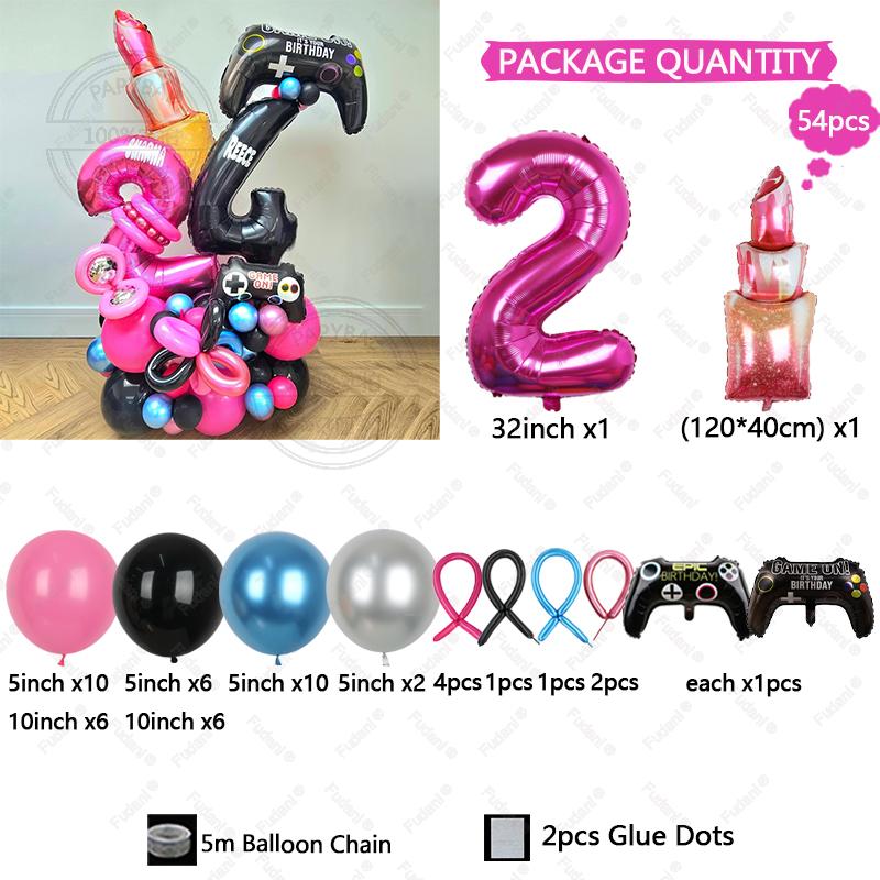 54pcs Red Lips Game Control Handle Black 1-9 Foil Digital Balloons Childrens Birthday Toys Party Decor Game Theme Party Supplies