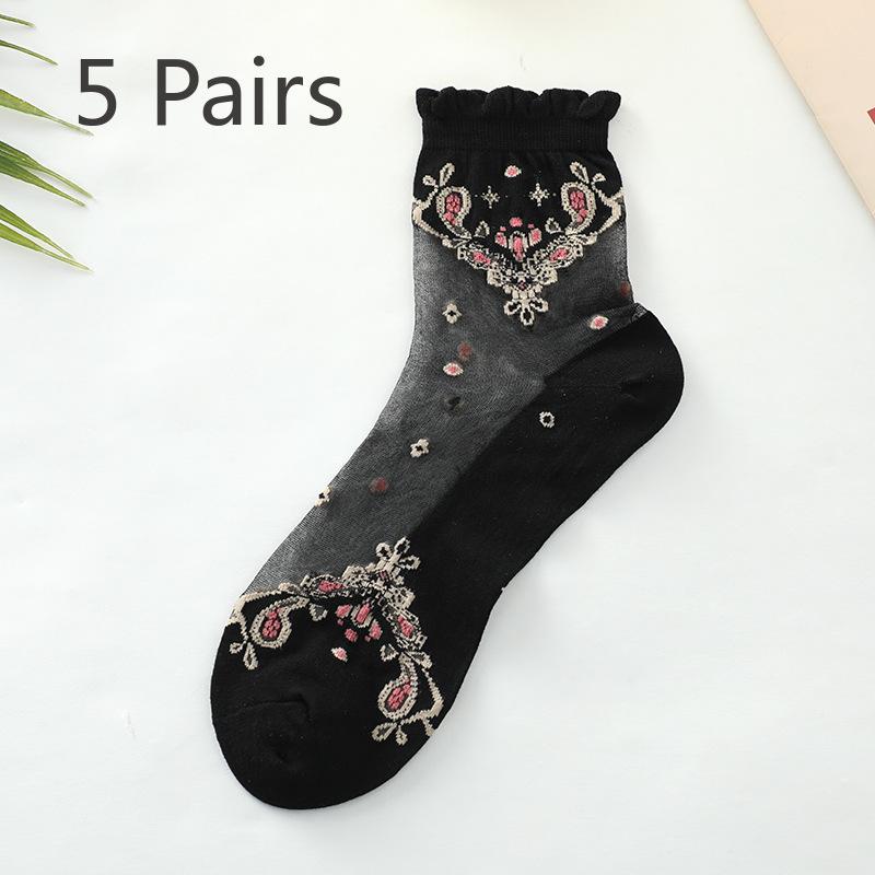 

5 пар женских тонких хлопковых носков на весну и лето, шелковистых, прозрачных, с вышивкой, из ледяного шелка 5 Pairs чёрный