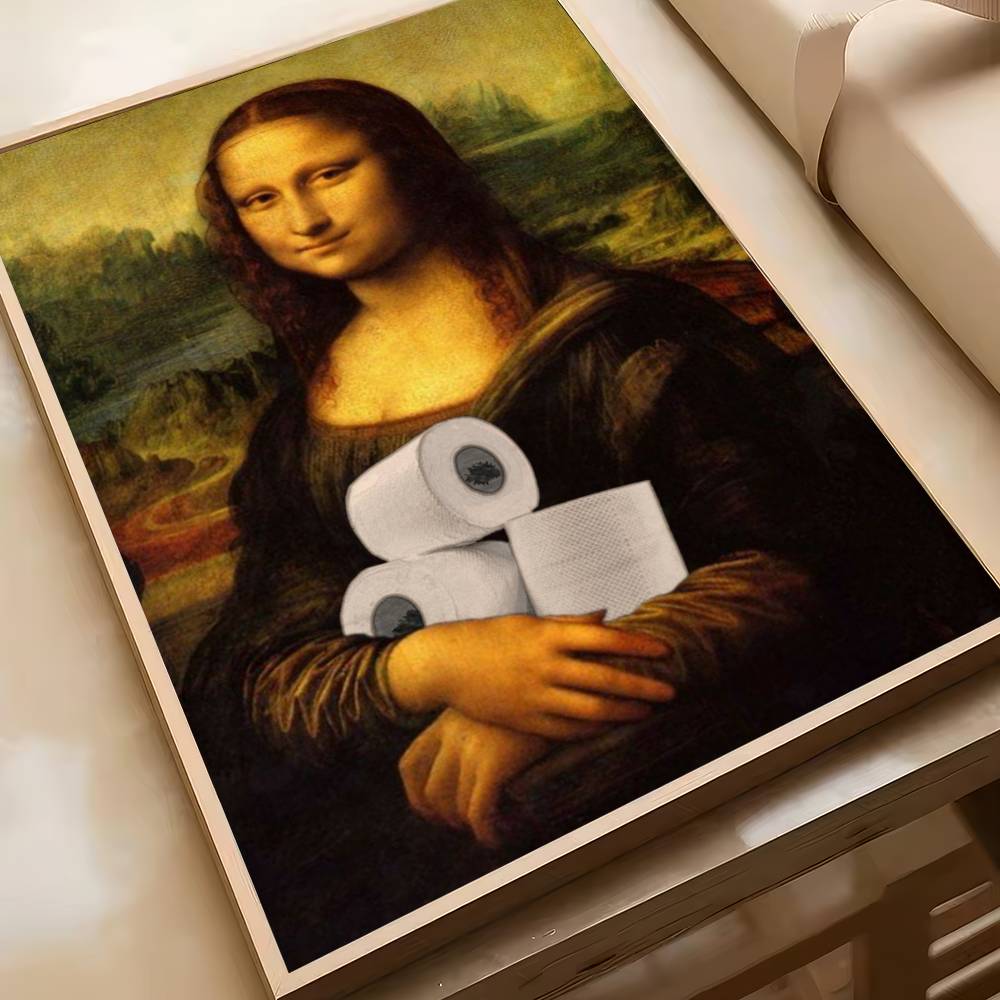 Funny Bathroom Toilet Decoration Painting Mona Lisa Wearing Pearls Girl With Roll Paper Canvas Prints Posters Home Wall Decor