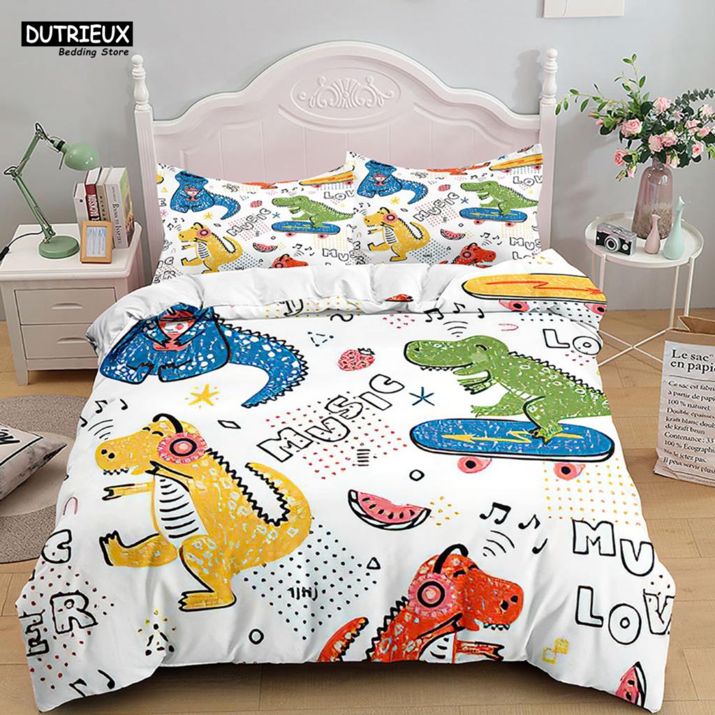 Cartoon Dinosaur Bedding Set White Soft Duvet Cover Animals Kids Boys Single Double Twin Queen King Size Duvet Cover Set