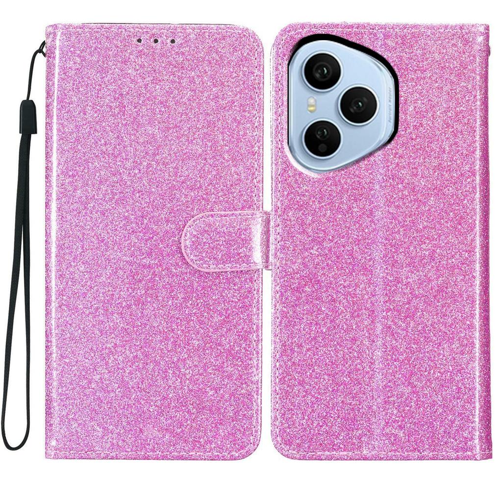 Für Honor 400 Pro 5G (Global) Glitzernde Kratzfeste Leder-Ständer-Handyhülle mit Riemen