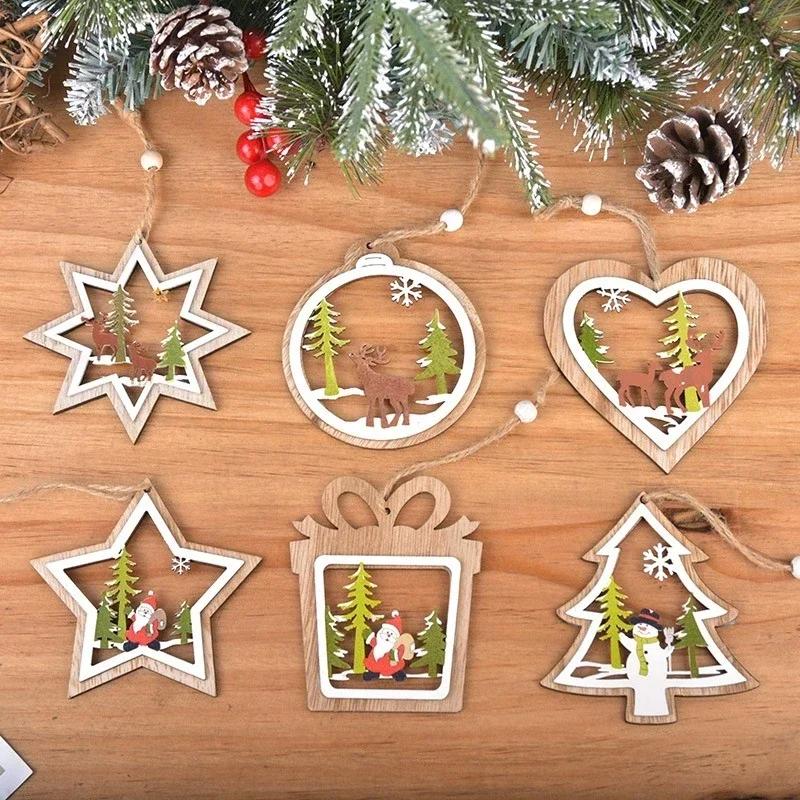 6-Pack Christmas Ornaments – Wooden Christmas Hanging Decorations, Holiday Festival Gifts 10-11cm