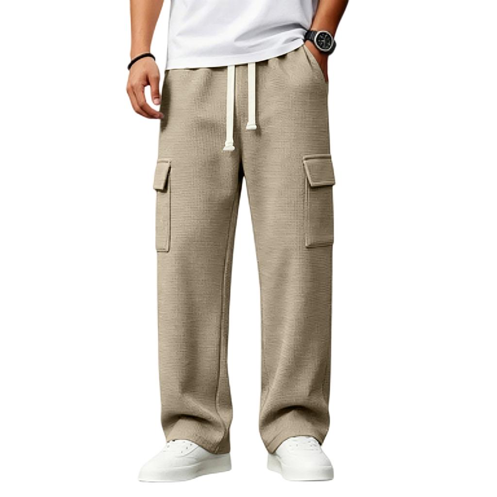 Men's Knit Cargo Pants Loose Fit Multi-Pocket Casual Pants with Drawstring Elastic Waist for Daily Wear