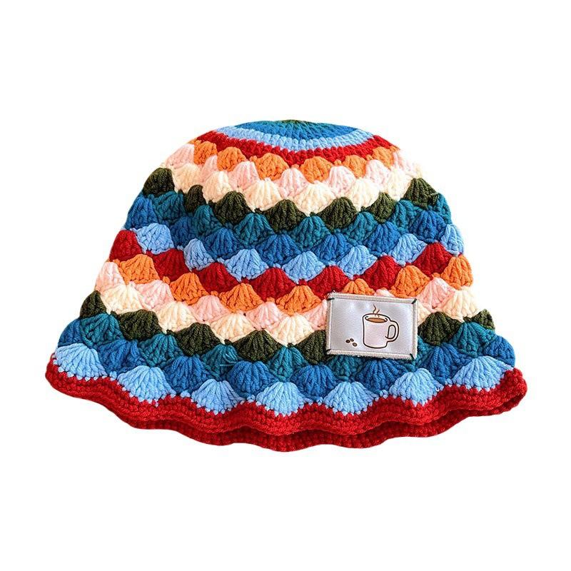 Dopamine Rhombus Rainbow Knitted Bucket Hat Women'S Autumn And Winter Korean Version Versatile Face Small Wool Hat Literary Bucket Hat