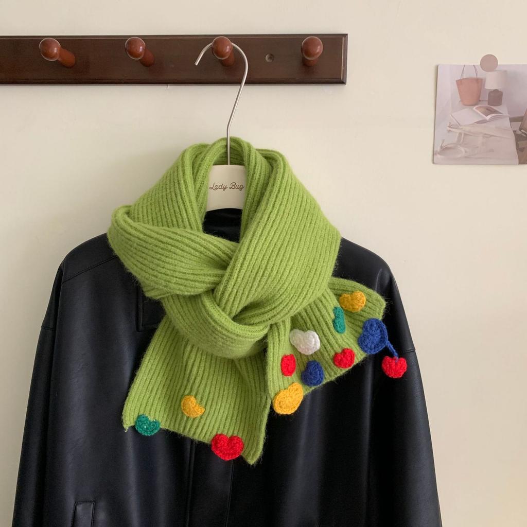 Candy Color Hand Knitted Scarf Women's Sweet Heart Embroidery Scarf Fashion Korean Student Warm Muffler Winter Versatile Shawl