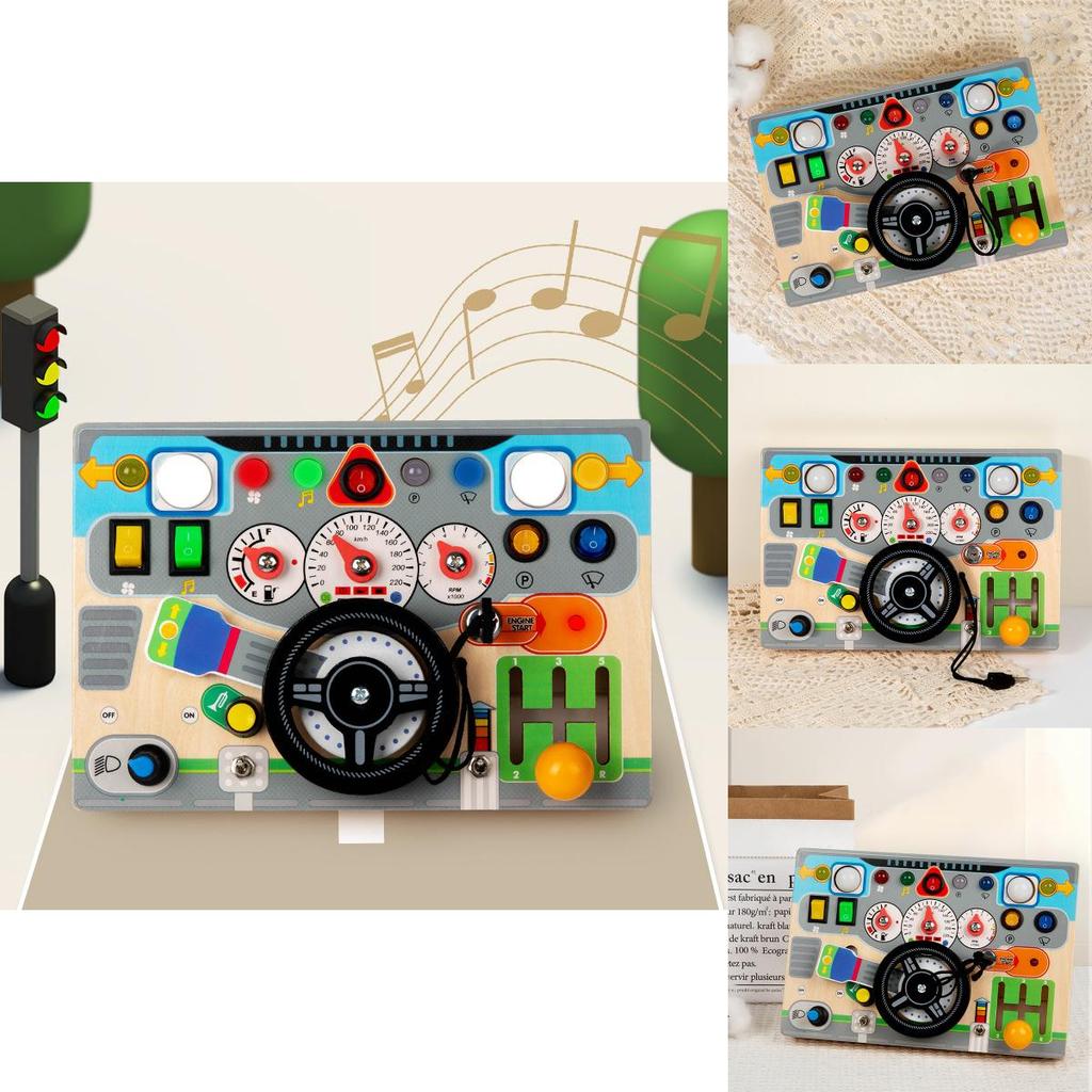 Wooden Childrens Simulated Steering Wheel Led Switch Busy Board Educational Toy For Early Learning