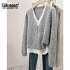 Women's Lamb Wool Blend V-Neck Patchwork Knit Sweater