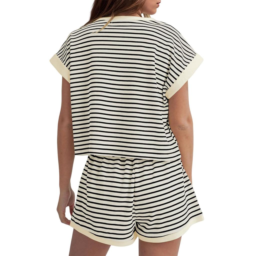 Women's Fashion Casual Round Neck Loose Striped Elastic Waist Shorts Set